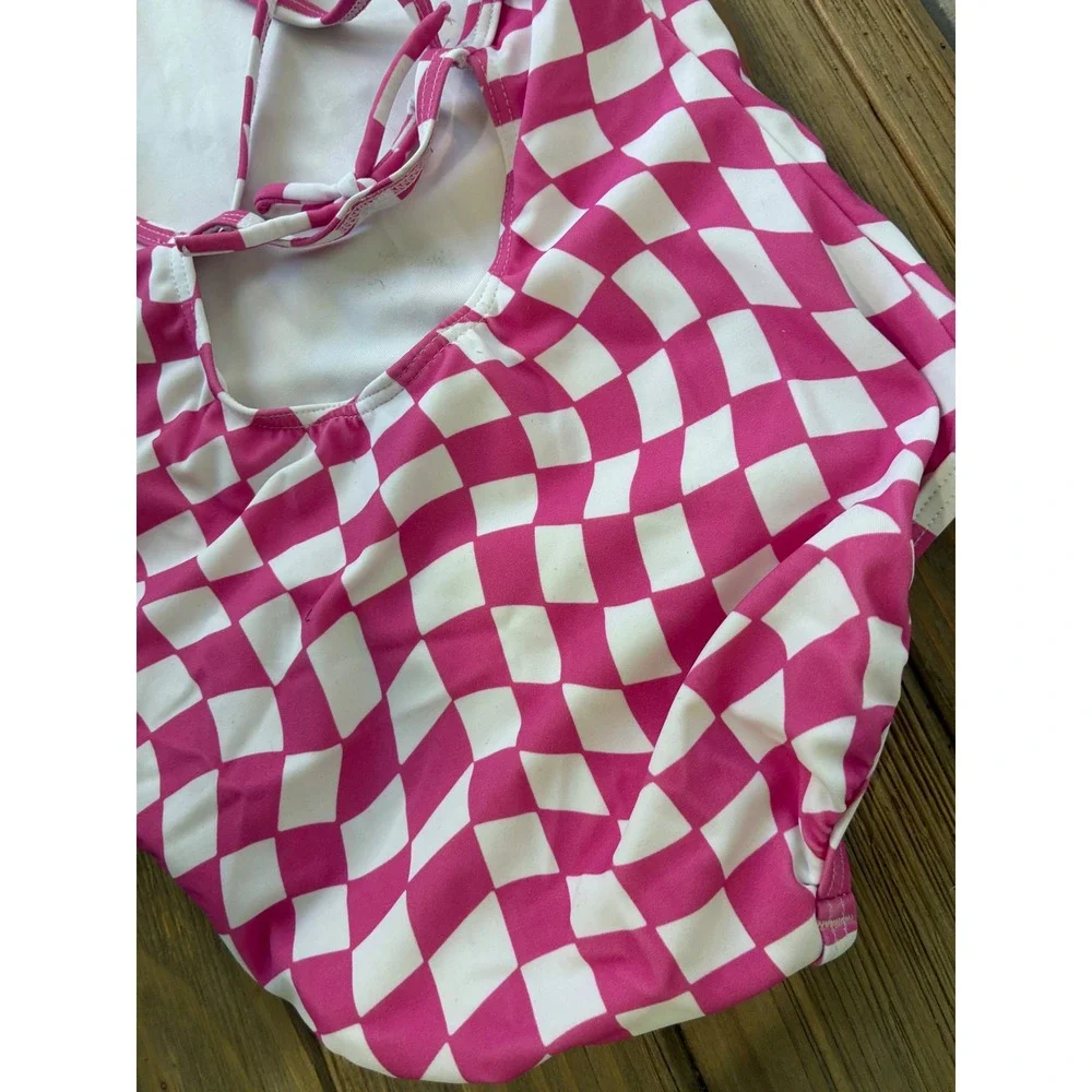 Hanna Andersson One Piece Swimsuit Warped Check Kids Size 5 Pink Excellent